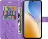 A purple flip-style phone case with card slots and a bill holder, showing a smartphone inside. Produktbild-Vorschau