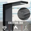 A black shower panel system in a bathroom setting, with a close-up inset showing stacked metal sheets. Náhľad obrázku produktu