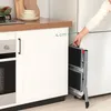 A person is holding a folded step stool next to a kitchen cabinet and refrigerator. Produktbild-Vorschau