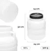 A white plastic barrel with a black lid, shown with dimensions and capacity. Produktbild-Vorschau