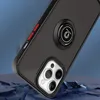 A dark gray iPhone 14 Pro Max case with a ring holder is shown at an angle, with a blue and gray abstract background. Produktbild-Vorschau