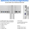 Close-up view of the ports and connectivity options of a desktop computer, with accompanying text listing the specifications. Produktbild-Vorschau