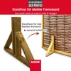 A wooden stand for a mobile screen or fence is shown, with text overlays and a logo. Produktbild-Vorschau