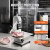 A commercial electric meat band saw is shown on a countertop, with text highlighting its safety features. Náhľad obrázku produktu