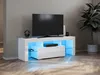 A modern white TV stand with LED lighting, featuring a television and electronic devices. Produktbild-Vorschau