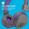 Close-up marketing image of purple and gray headphones against a blue background. Produktbild-Vorschau