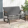 A gray fabric garden bench with black metal frame and wooden armrests sits on a wooden deck. Náhled obrázku produktu