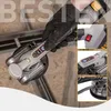 A hand wearing a glove is holding a tile vibrator. The image is a collage with close-up shots of the product's features. Podgląd zdjęcia produktu