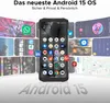 A smartphone is shown in the center, surrounded by various app icons and screenshots of phone interfaces, with the text 'Android 15' at the bottom. Produktbild-Vorschau