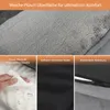 A collage of images showcasing the features of a dog bed, including its plush surface, waterproof inner lining, non-slip bottom, and removable cover. Produktbild-Vorschau