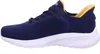 A side view of a navy blue sneaker with a white sole and yellow accents. Voir les images du produit
