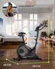 An exercise bike is shown in a room with a bed and furniture, with text overlay describing the product and a person. Produktbild-Vorschau