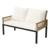 A studio shot of a two-seater outdoor sofa with beige cushions and a black metal frame, featuring woven rope accents on the arms and back. Anteprima dell’immagine prodotto