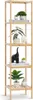 A tall, narrow, five-tier bamboo shelf unit displaying various decorative items and plants. Podgląd zdjęcia produktu