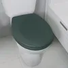 A close-up view of a dark green toilet seat on a white toilet bowl, with white tiled flooring and a white cabinet in the background. Produktbild-Vorschau