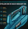 Close-up of a teal leaf blower with a battery pack attached, showing different speed settings and their corresponding wind speeds. Produktbild-Vorschau