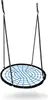 A round net swing with blue webbing suspended by black ropes against a white background. Podgląd zdjęcia produktu
