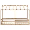 A wooden children's bed frame with a roof structure, shown from the front against a white background. Náhled obrázku produktu