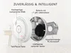 A disassembled smoke detector is shown with its internal components highlighted and labeled with German text. Produktbild-Vorschau