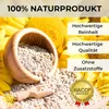 A wooden bowl filled with shelled sunflower seeds, surrounded by loose seeds and sunflowers. Text overlays highlight product features. Produktbild-Vorschau