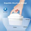 A hand is holding a white water filter cartridge over a clear bowl, with dimensions indicated. Produktbild-Vorschau