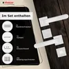 A product image showing door handles and included hardware, with text detailing the set contents. Produktbild-Vorschau