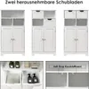 A collage of three different configurations of a white bathroom cabinet, with close-ups of the drawers and an anti-tip strap. Náhled obrázku produktu