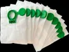 A fanned-out stack of white vacuum cleaner bags with green plastic connectors. Produktbild-Vorschau