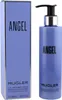 Blaue 200ml-Pumpflasche der Mugler Angel Body Lotion neben farblich passender Box mit schwarzer Schrift und silbernem Rand. Podgląd zdjęcia produktu