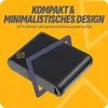 A black power bank with a gold logo is shown on a yellow and orange background with text overlays. Produktbild-Vorschau