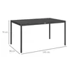 A dark gray rectangular table with four legs, shown from a slightly elevated side angle, with dimensions indicated by lines and text. Produktbild-Vorschau