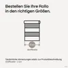 Diagram showing how to measure the fabric width of a roller blind, with text explaining ordering in the correct sizes. Produktbild-Vorschau