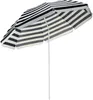 A striped beach umbrella with a white pole against a white background. Voir les images du produit