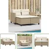 A collage of images showing a beige poly rattan 2-seater sofa with cushions, placed on a patio next to a swimming pool. Produktbild-Vorschau