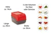 A product image showing a storage container for fruits and vegetables, with dimensions and examples of produce. Produktbild-Vorschau