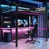 A gaming setup featuring a loft bed over a desk, with LED lighting. Produktbild-Vorschau