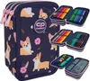 A collage of a navy blue pencil case with a corgi dog pattern, showing it closed and open with various stationery items. Náhled obrázku produktu