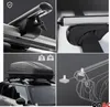 A collage of four images showing car roof racks and their installation. Produktbild-Vorschau