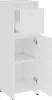 A tall, narrow white cabinet with one drawer partially open and one door open, revealing two shelves inside. Produktbild-Vorschau