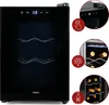 A black wine cooler with a glass door and internal shelves, displaying digital temperature controls and branding. Produktbild-Vorschau