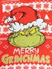 A close-up of a red Christmas sweater featuring a knitted image of the Grinch wearing a Santa hat, with the text "MERRY GRINCHMAS" below. Náhľad obrázku produktu