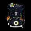 A black school backpack with a space-themed pattern and colorful cartoon astronaut and comet appliqués. The backpack has a glowing circular emblem on the front. Voir les images du produit