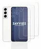 A white smartphone with a camera array is shown next to several clear screen protectors. The screen protectors are arranged in a layered fashion, with one partially covering the phone's screen. Produktbild-Vorschau