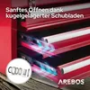 Close-up of a red tool chest with drawers open, showing ball-bearing slides and a diagram of bearings. The AREBOS logo is visible. Náhled obrázku produktu
