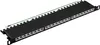 A black 19-inch rackmount patch panel with 24 RJ45 ports and a green grounding wire. Produktbild-Vorschau