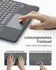 A close-up of a hand interacting with a keyboard and trackpad, with additional images demonstrating features. Produktbild-Vorschau