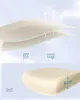 A layered fabric material and a pillow sample with dimensions shown. Produktbild-Vorschau