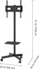 A black TV stand with wheels is shown against a white background, with dimensions indicated by text and lines. Produktbild-Vorschau
