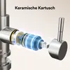 A cutaway diagram of a kitchen faucet's ceramic cartridge, highlighting its internal components with glowing blue and yellow energy lines. Podgląd zdjęcia produktu