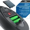 Close-up view of the bottom of a wireless vertical mouse, showing the battery compartment with two AA batteries inserted, and a separate image of the USB dongle. Text overlays describe the product's features and functionality. Produktbild-Vorschau